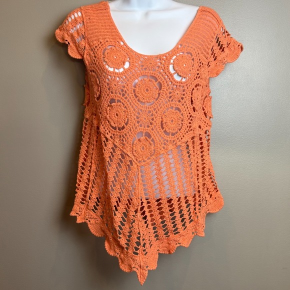Cato Tops - Cato Coral Crochet Lace Tunic Top Size Small Boho Beach Cover Up